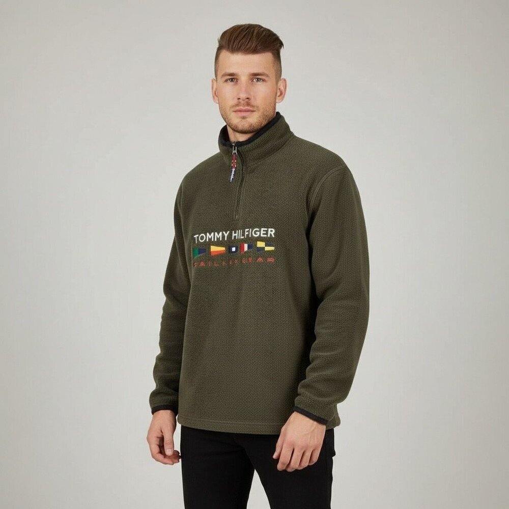Vintage Tommy Hilfiger Green SAILING GEAR Embroidered Flags Zip Fleece Small